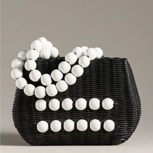 Bali Beaded Straw Black and White Woven Handbag Satchel